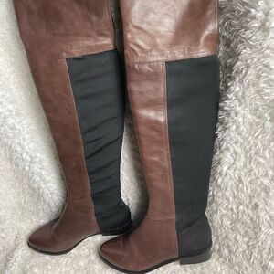 BCBGMAXAZRIA  Brown leather &Black stretchy fabric Over Knee Pull On Boots SZ7M